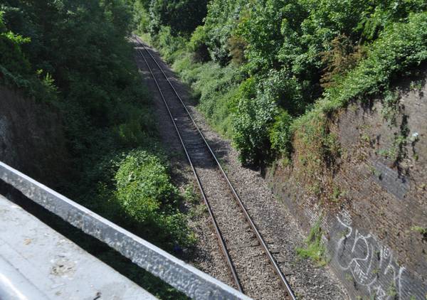 Single-track railway in cutting below