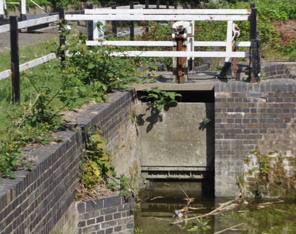 Paddle seen from the rear, a square block suspended from above