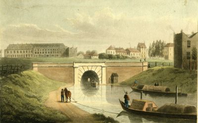 Entrance to tunnel. Horse and boat in foreground